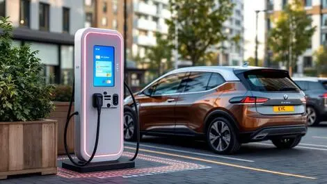 Modern electric vehicle ev charging station uk card payment terminal urban scene