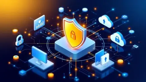 Digital illustration secure network shield computers cloud icons cybersecurity protection