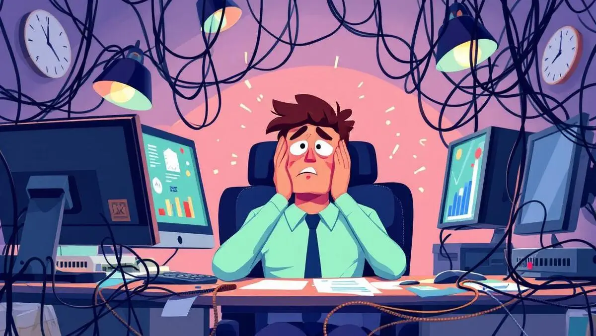 Stressed office worker cluttered desk tangled cables multiple monitors uk