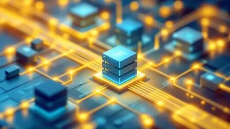 Stylized interconnected server racks glowing network cables automated data integration it compliance