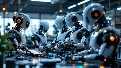 Modern robots collaborating in high tech australian urban workspace