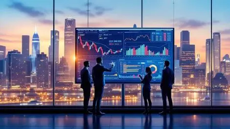 Business professionals australian city skyline analyzing digital stock