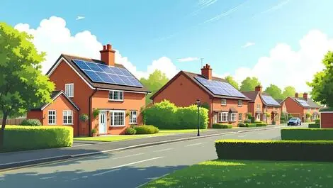 Illustration british houses solar panels rooftops suburban uk neighborhood