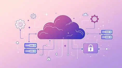 Illustrated concept cloud servers interconnected data flow gears locks modernization security