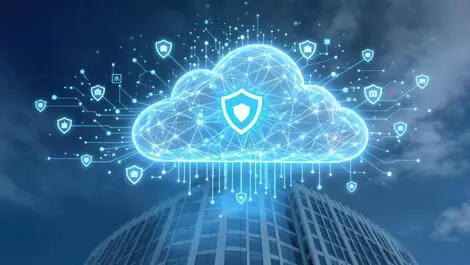 Secure interconnected network cloud modern office building shield icons protection