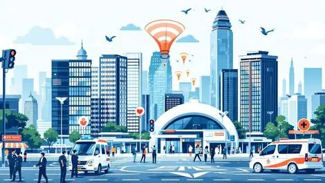 Southeast asian modern cityscape with smart tech healthcare safety
