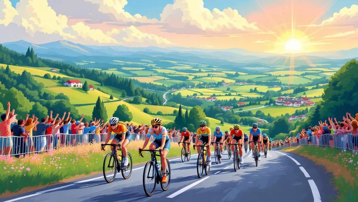 Colorful female cyclists racing scenic countryside cheering crowds competition
