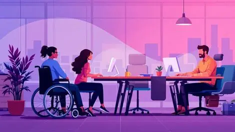 Inclusive workplace wheelchair users visual impairments collaboration modern office uk us brazil