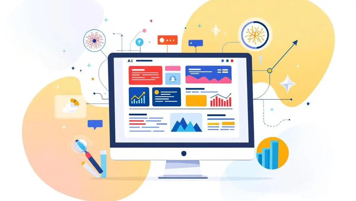 Modern illustration computer screen website colorful graphs ai neural network search optimization