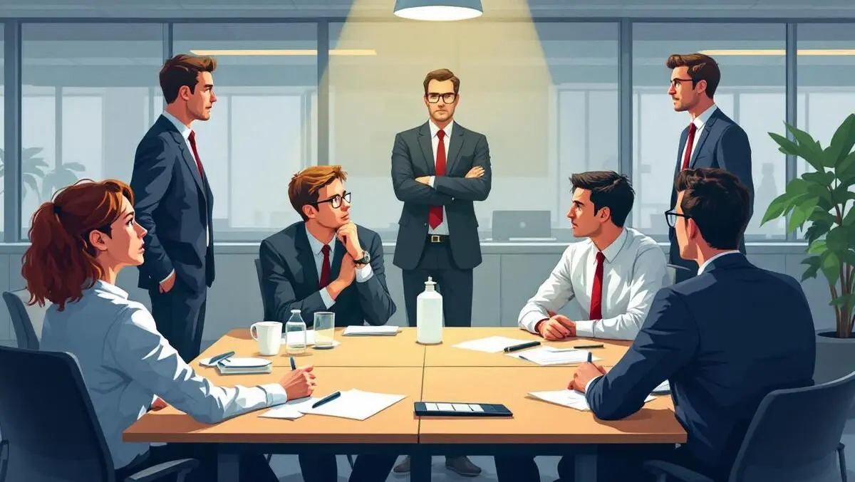 Uk modern office workers concerned sitting table senior executives talking
