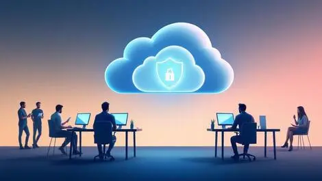 Cloud shaped shield protecting developers at desks secure software development
