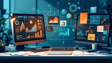 Realistic modern german office desk digital workflow charts financial documents automation