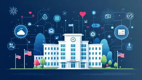 Modern hospital building digital data asset management american flags healthcare tech