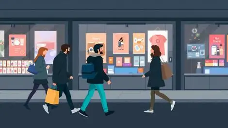 Uk shoppers walking past store displays indifferent to products posters