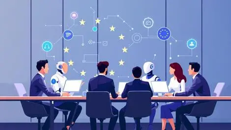 Uk business professionals discussing ai technology robots eu regulations