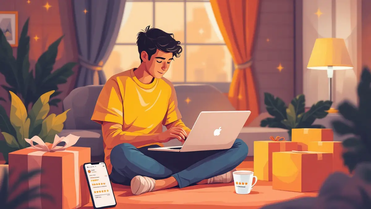 Uk shopper reading product reviews on laptop surrounded by parcels