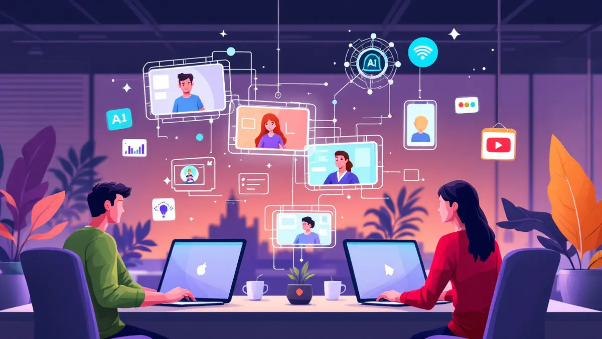 Modern office people video calls laptops floating ai automation elements