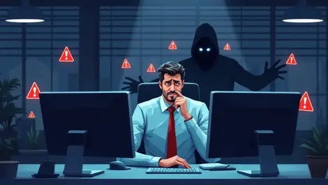 Worried business executive modern office dim computer screens warning symbols shadowy cyber threat