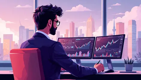 Professional businessperson analyzing financial graphs multiple screens city skyline digital data visuals