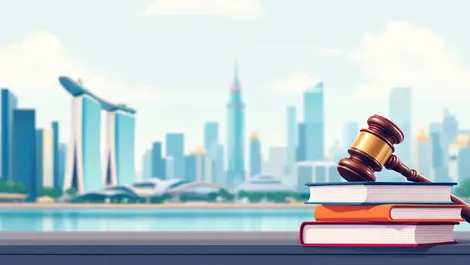 Realistic gavel on law books with singapore city skyline marina bay sands