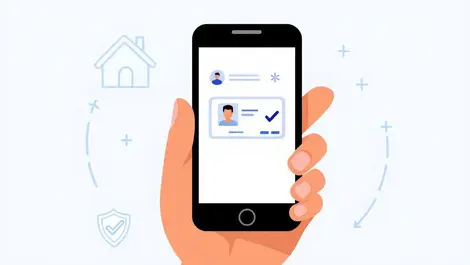Hand holding digital wallet app with id card icons houses shield checks