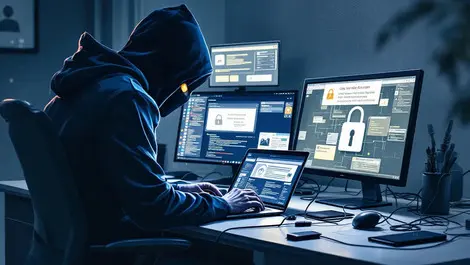 Realistic illustration masked figure dark hoodie laptop dimly lit room cyber attack