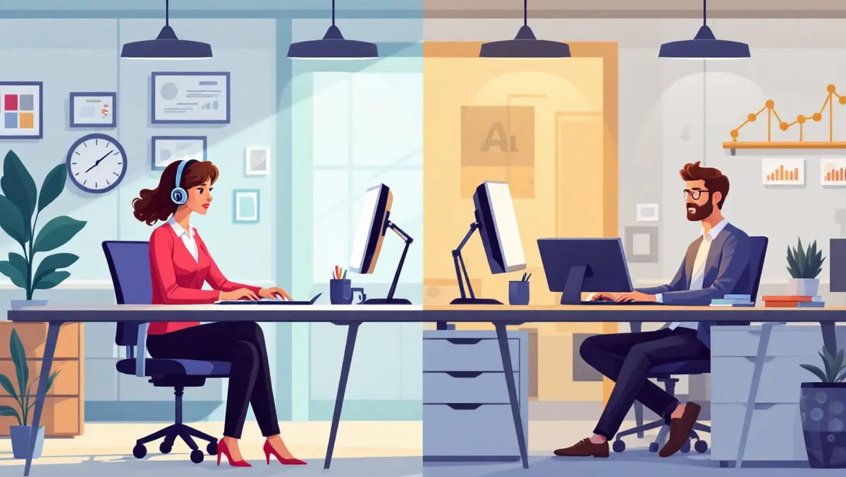 Split scene women computers vs men ai devices modern uk office environment