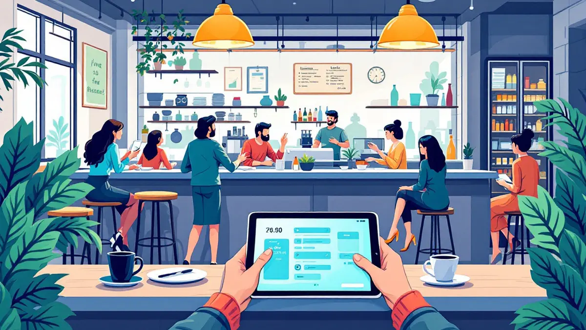 Modern welcoming restaurant scene digital tablet seamless payment customer service