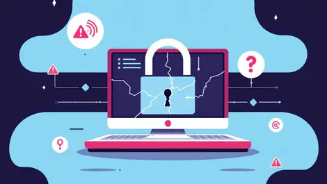 Illustration computer cracks digital locks alert icons cyber threats ai systems