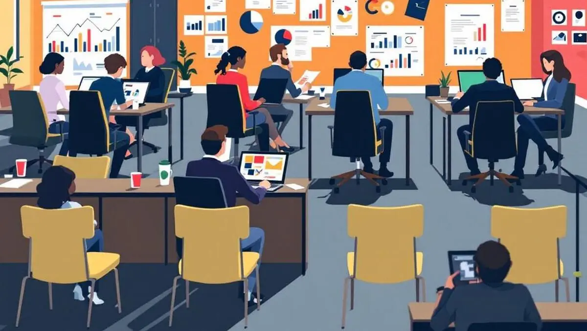 Busy office professionals working laptops discussing marketing charts fewer jobs