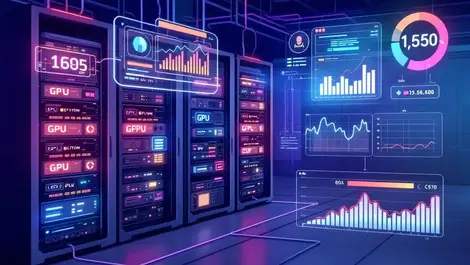 Detailed illustration multiple computer servers gpu hardware data center monitoring cost management