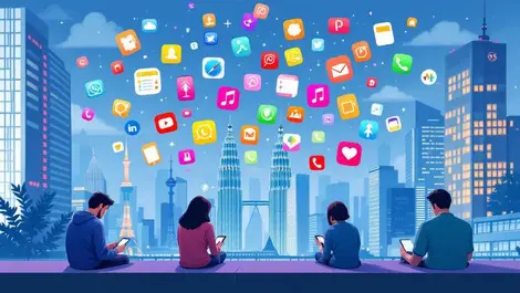 People using smartphones modern city digital activity apac landmarks