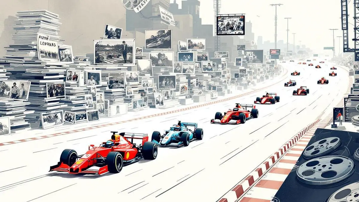 Vintage modern formula 1 cars racing timeline photos film reels to digital screens