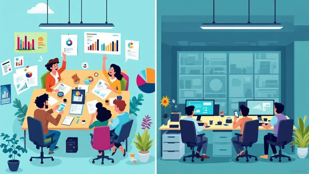 Busy office marketing team active desks sales graphs it area quiet empty