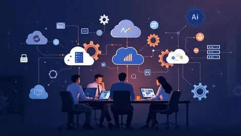 Workflow automation cloud servers gears application icons it collaboration