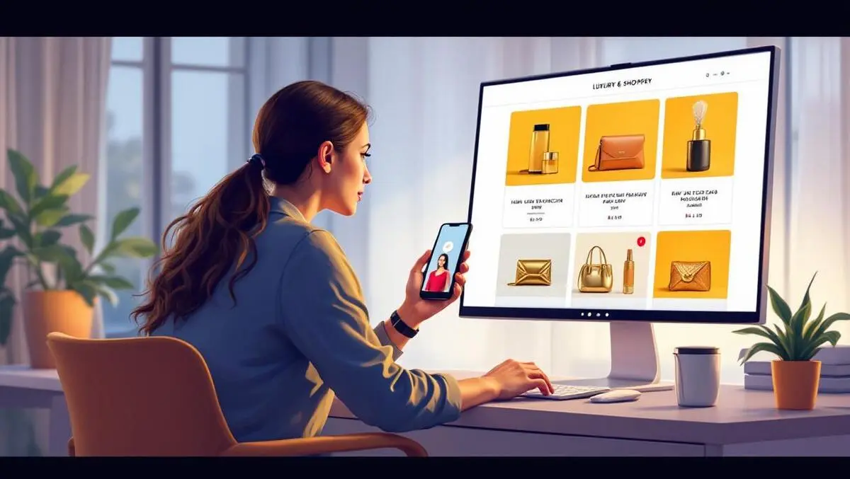 Uk shopper using smartphone computer viewing luxury brand websites ai assistant home