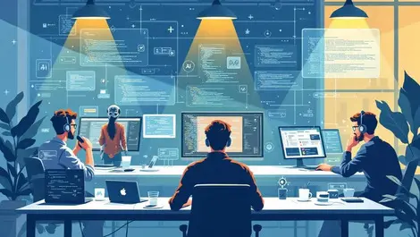 Software developers interacting with ai assistants code in modern office