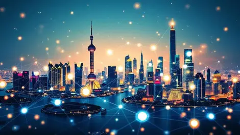 Shanghai skyline modern skyscrapers glowing network connected nodes illustration