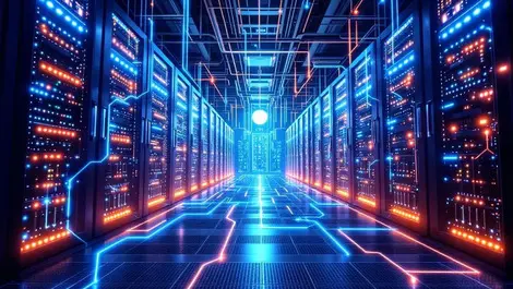 Modern data center illustration sleek server racks cooling equipment glowing cables central hub ai infrastructure efficient data management