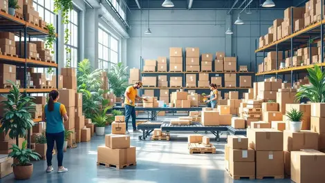 Busy warehouse interior stacked boxes conveyor belts workers organizing shipments ecommerce