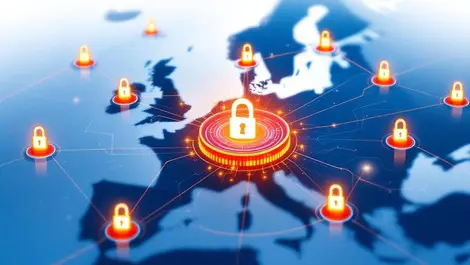 Secure network interconnected digital nodes glowing locks encryption europe map