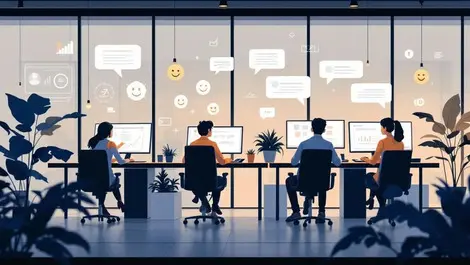 Modern uk office employees working computers digital icons feedback
