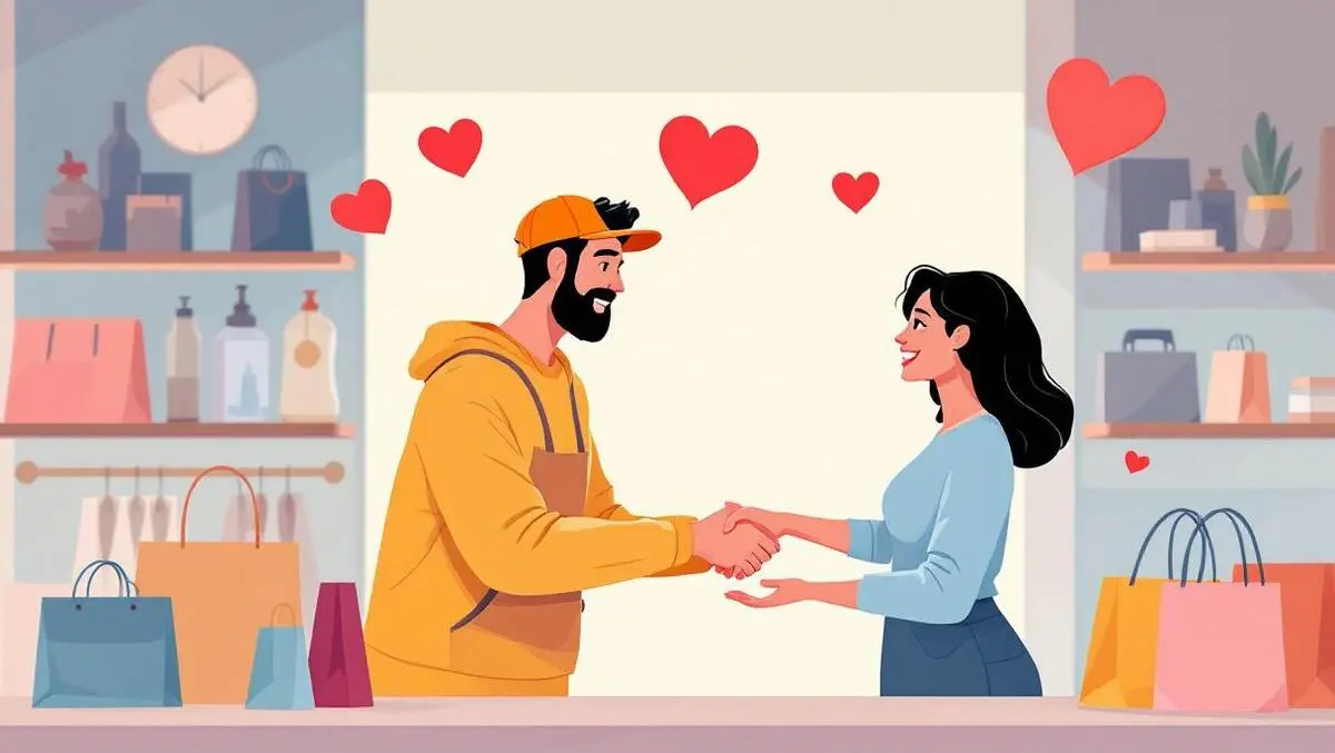Customer shop attendant handshake shopping bags hearts retail loyalty