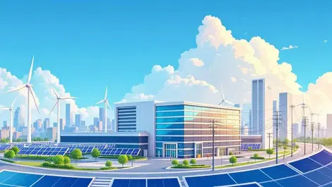 Modern data center urban asia solar panels wind turbines power lines