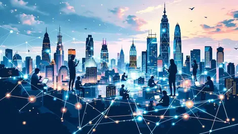 Southeast asian city skyline digital connections ai technology collaboration
