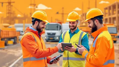 Uk construction workers using digital tablets building site digital procurement fleet management