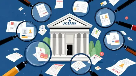 Uk bank building surrounded by magnifying glasses inspecting ids documents compliance