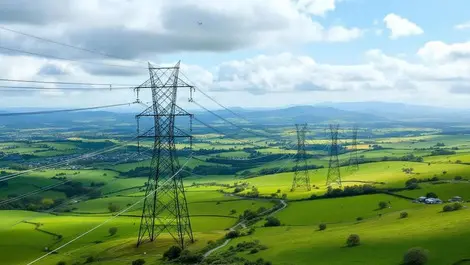 Aerial view power lines new zealand green landscape drones inspection