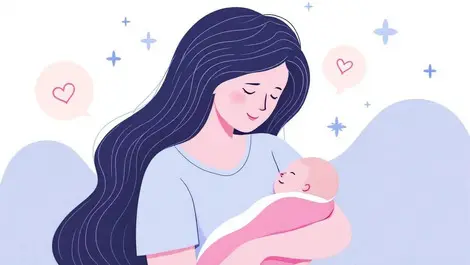 New mother holding newborn baby health care emotional support wellbeing recovery illustration