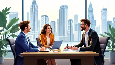 Professional lawyer meeting young tech entrepreneurs modern singapore cityscape